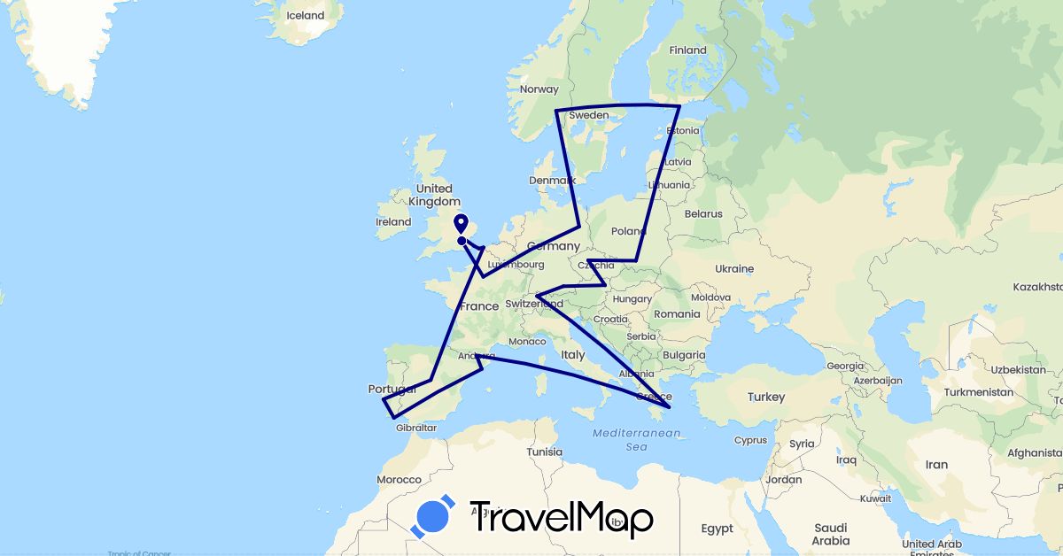 TravelMap itinerary: driving in Andorra, Austria, Switzerland, Czech Republic, Germany, Spain, Finland, France, United Kingdom, Greece, Norway, Poland, Portugal (Europe)